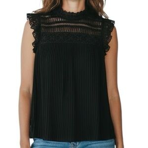 NWT REBECCA MINKOFF Black Sleeveless Lace Pleated Ruffle Detail Top Size Medium